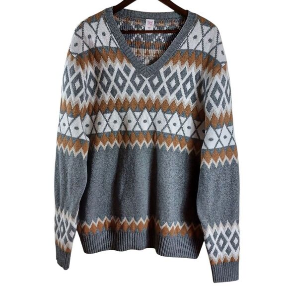 North Pole Men's XXL Gray Nordic V-Neck Fair Isle Heavyweight Heritage Sweater - Picture 2 of 9